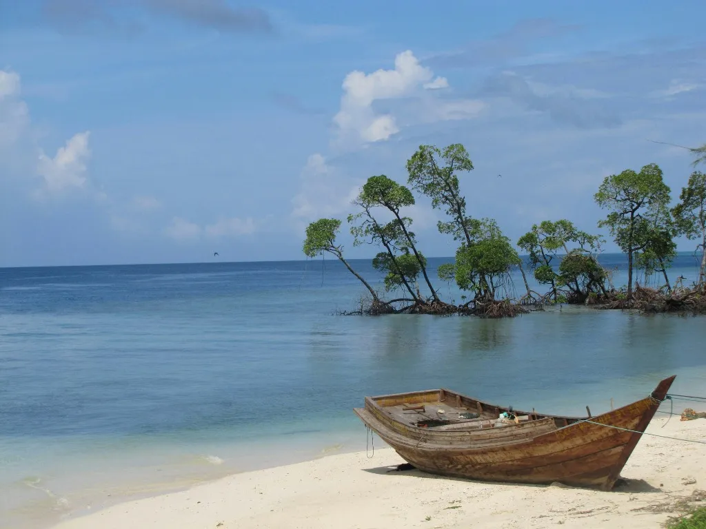 Tropical island coastline and clear skies of Port Blair